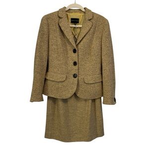 VTG 90s Rena Lange Suit Set Jacket Skirt Beige Wool Knit Tweed 2 Piece US 12